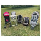 2 CAR SEATS, 2 STROLLERS, HIGH CHAIR