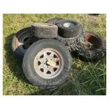 (5) TRAILER TIRES W/RIMS ,2 LAWNMOWER TIRES W/RIMS