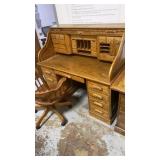 Oak roll top desk with oak chair