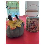 2 Cement, pumpkins, and fall plant container