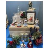 Christmas ornaments, Santa picture, glass dish