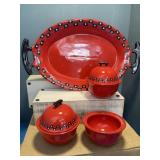 Red glass plater 3 dip bowls 1 lid missing 1 chip
