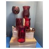 2 red vases 2 candle shades & mosaic candle