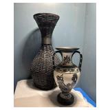1 wicker vase & black, & white Egyptian vase
