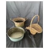 Woven baskets and metal planter