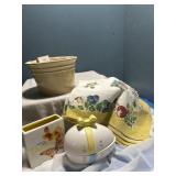 two planters, finish dish towel, ceramic egg