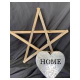 Meatl hanging home sign and wooden star.