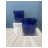 2 blue design cubes glass