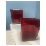2 red glass design cubes 41/2'tall 4x4' sq