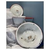 3 pieces of white &  red enamel wareOne lid,
