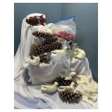 Assorted Christmas decor and dove ornaments.