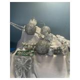 Silver accents ornaments, silk, grapes, ribbon.