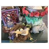 Flower pot with bunnies, grandma and quilt,