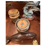 Two sets  glass coasters, two figurine dolphins
