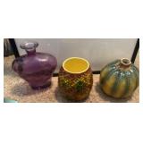 Two pieces of pottery and one MCM purple glass