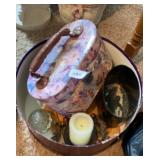 Hat box,.powder box and candle