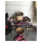 metal stand with outdoor yard art