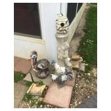 plant stand, beehive, chickens, pelican