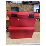 Two red  plastic toolboxes