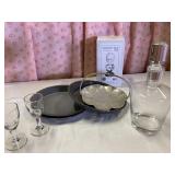 Pie pans, hammered aluminum tray, decanter