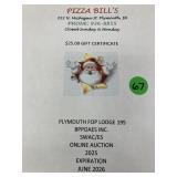$25 gift certificate Pizza Bills