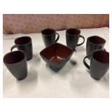 6 better homes mugs and a bowl