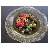 Marbles, dice, vasoline glass dish