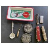 Coca Cola, pocket knives, belt buckles