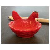 Mini small glass nesting hen , red over milk