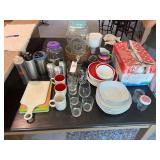 Assorted Plates, Cups, Mugs, Jugs, Drink Dispenser & Cutting Board