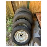 (4)- Tires (78-13 st 4 Lug), (175/80 R13 5 Lug), (20 5/75 R15 5 Lug), (205/75 R15 5 Lug- Bent Rim)