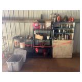 Plastic Shelves with Contents, Metal Shelf/Cabinet with Contents, & Metal Cage