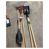 Post Hole Digger, (2) Shovels, (2) 8" Rakes, & Medium Duty Rake