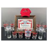 Budweiser Glasses, Hat, and Framed Mirror