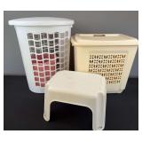 2 Laundry Baskets, Stool, and Pink Waste Basket