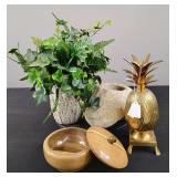 Hidden Key Rock, Metal Pineapple, Myrtle Wood Trinket Box, and Fake Plant