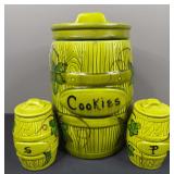 USA Green Barrel Cookie Jar and Salt & Pepper Shakers