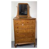 Antique American Late Victorian Tiger Oak High Boy Dresser With Mirror