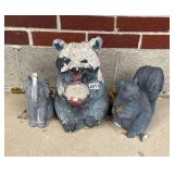 Elephant, Squirrel, & Raccoon Garden Ornaments