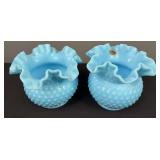 Pair of Fenton Blue Turquoise Hobnail Ruffle Topped Vases