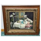 Vintage Framed Child & Dog Illustration