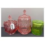 Pink Depression Glass Candy Dishes & Green Dish with Lid