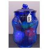Kobalt Blue Planters Peanuts Glass Jar with Faux Fruit