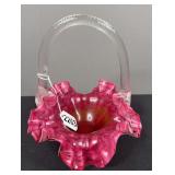 Pink Ruffled Art Glass Basket