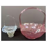 L.E. Smith Pink Glass Basket & Fenton Hobnail White Glass Basket