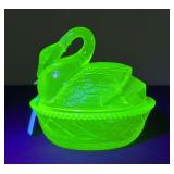 Uranium Carnival Glass Nesting Swan Candy Dish