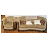 Antique Upholstered Wood Finished Sofa & Matching Chair