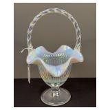 Fenton Glass White Iridescent Basket