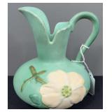 Weller Pottery Wild Rose Matte Green Ceramic Pitcher