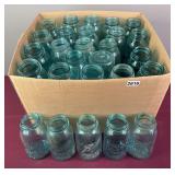 Large Box Full of Quart Size Blue Glass “Ball Perfect Mason” Jars